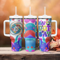 Happy Dot Day Tumbler With Handle Colorful Swirling Polka Dots and Whimsical Smiley Flowers