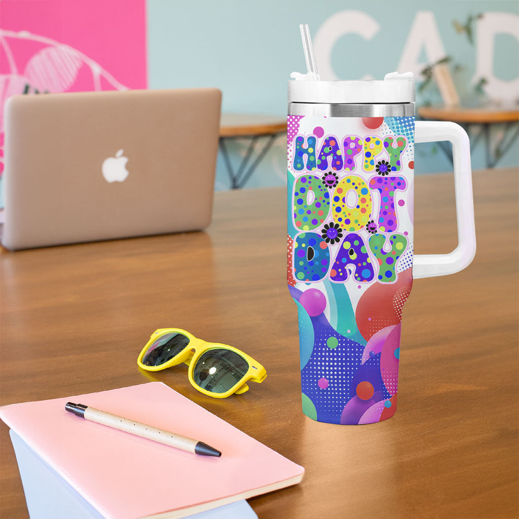 Happy Dot Day Tumbler With Handle Colorful Swirling Polka Dots and Whimsical Smiley Flowers