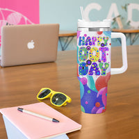 Happy Dot Day Tumbler With Handle Colorful Swirling Polka Dots and Whimsical Smiley Flowers