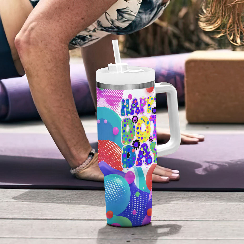 Happy Dot Day Tumbler With Handle Colorful Swirling Polka Dots and Whimsical Smiley Flowers