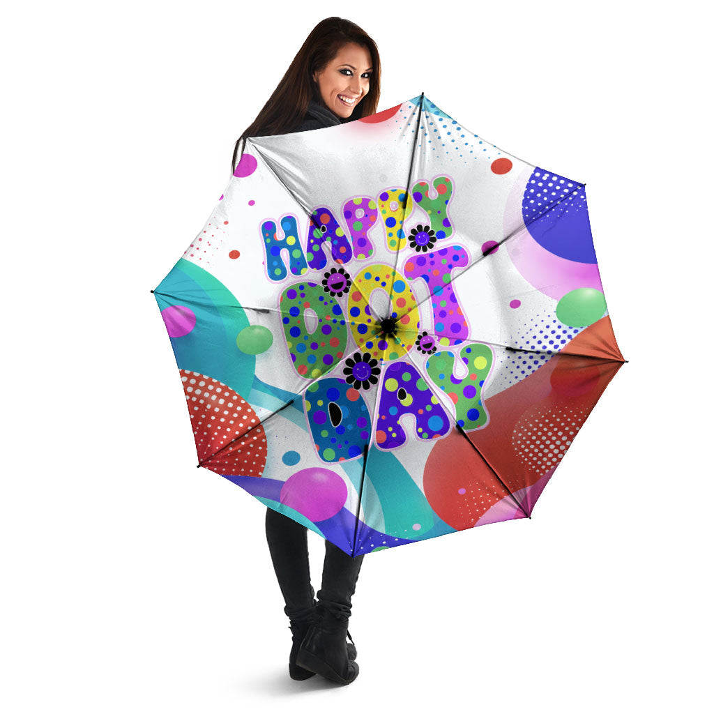 Happy Dot Day Umbrella Colorful Swirling Polka Dots and Whimsical Smiley Flowers