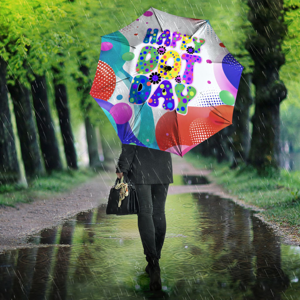Happy Dot Day Umbrella Colorful Swirling Polka Dots and Whimsical Smiley Flowers