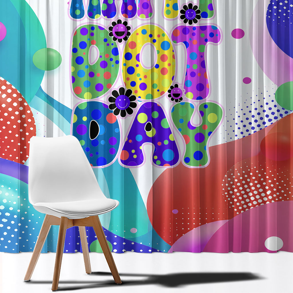 Happy Dot Day Window Curtain Colorful Swirling Polka Dots and Whimsical Smiley Flowers
