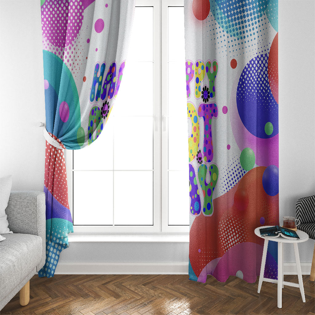 Happy Dot Day Window Curtain Colorful Swirling Polka Dots and Whimsical Smiley Flowers