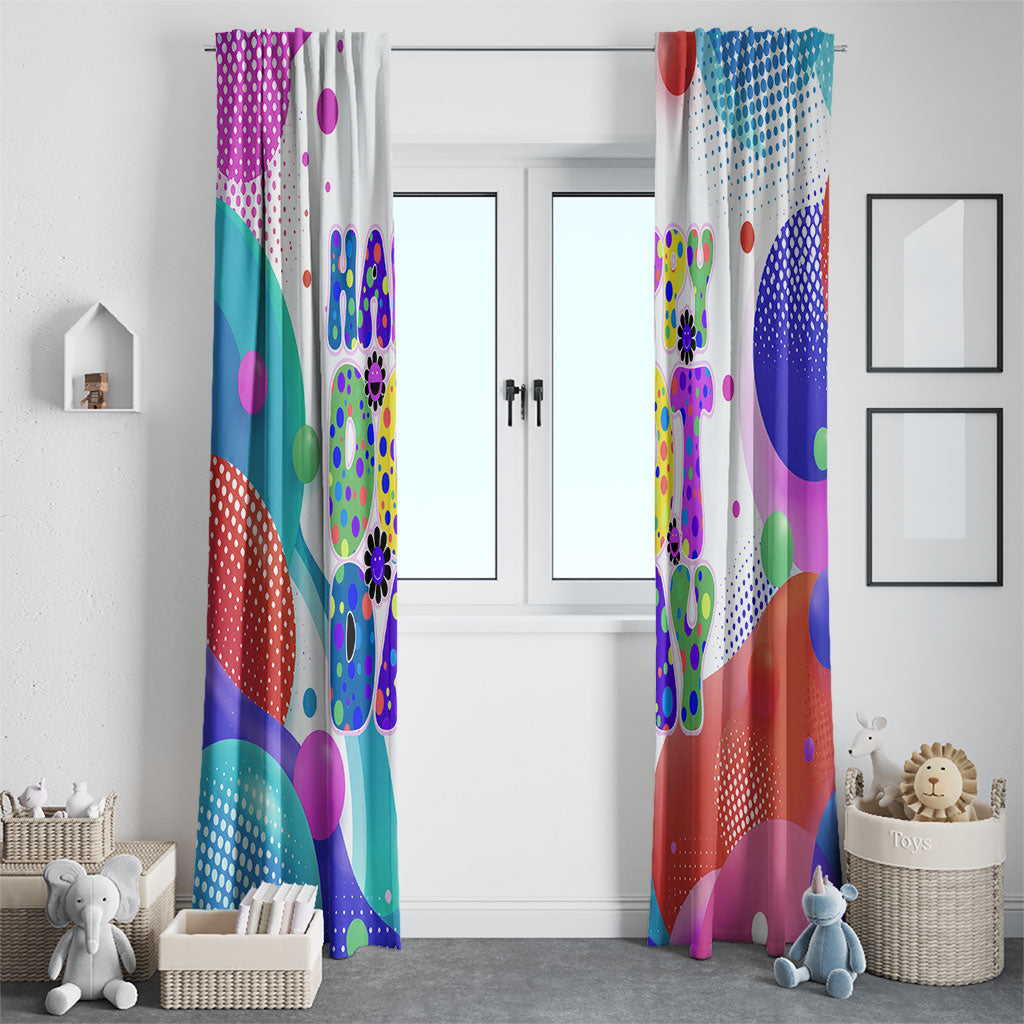 Happy Dot Day Window Curtain Colorful Swirling Polka Dots and Whimsical Smiley Flowers