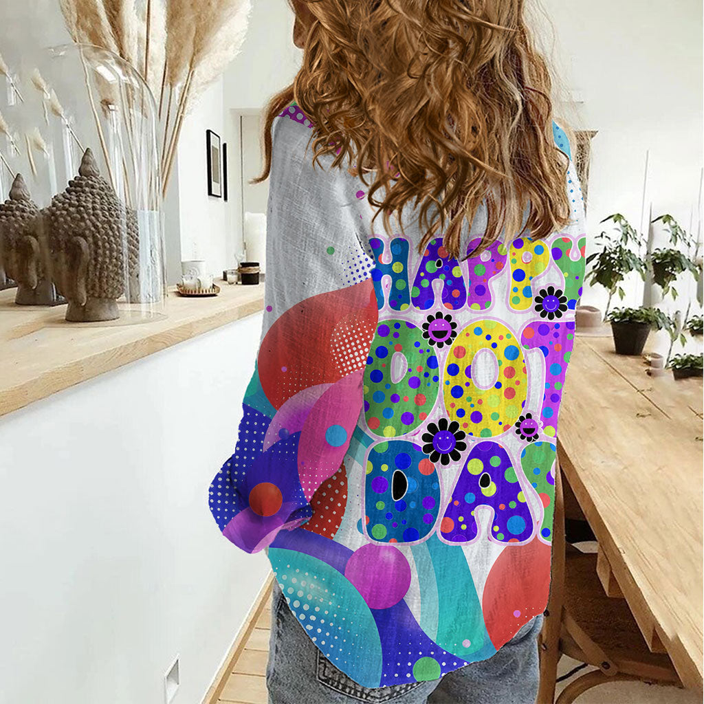 Happy Dot Day Women Casual Shirt Colorful Swirling Polka Dots and Whimsical Smiley Flowers
