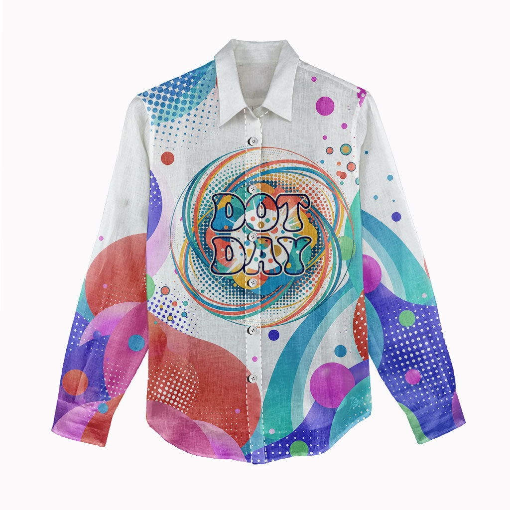 Happy Dot Day Women Casual Shirt Colorful Swirling Polka Dots and Whimsical Smiley Flowers