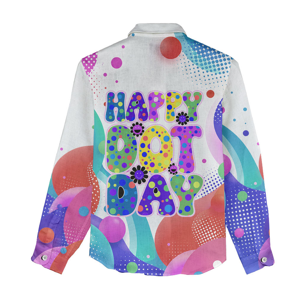 Happy Dot Day Women Casual Shirt Colorful Swirling Polka Dots and Whimsical Smiley Flowers