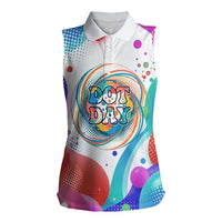 Happy Dot Day Women Sleeveless Polo Shirt Colorful Swirling Polka Dots and Whimsical Smiley Flowers