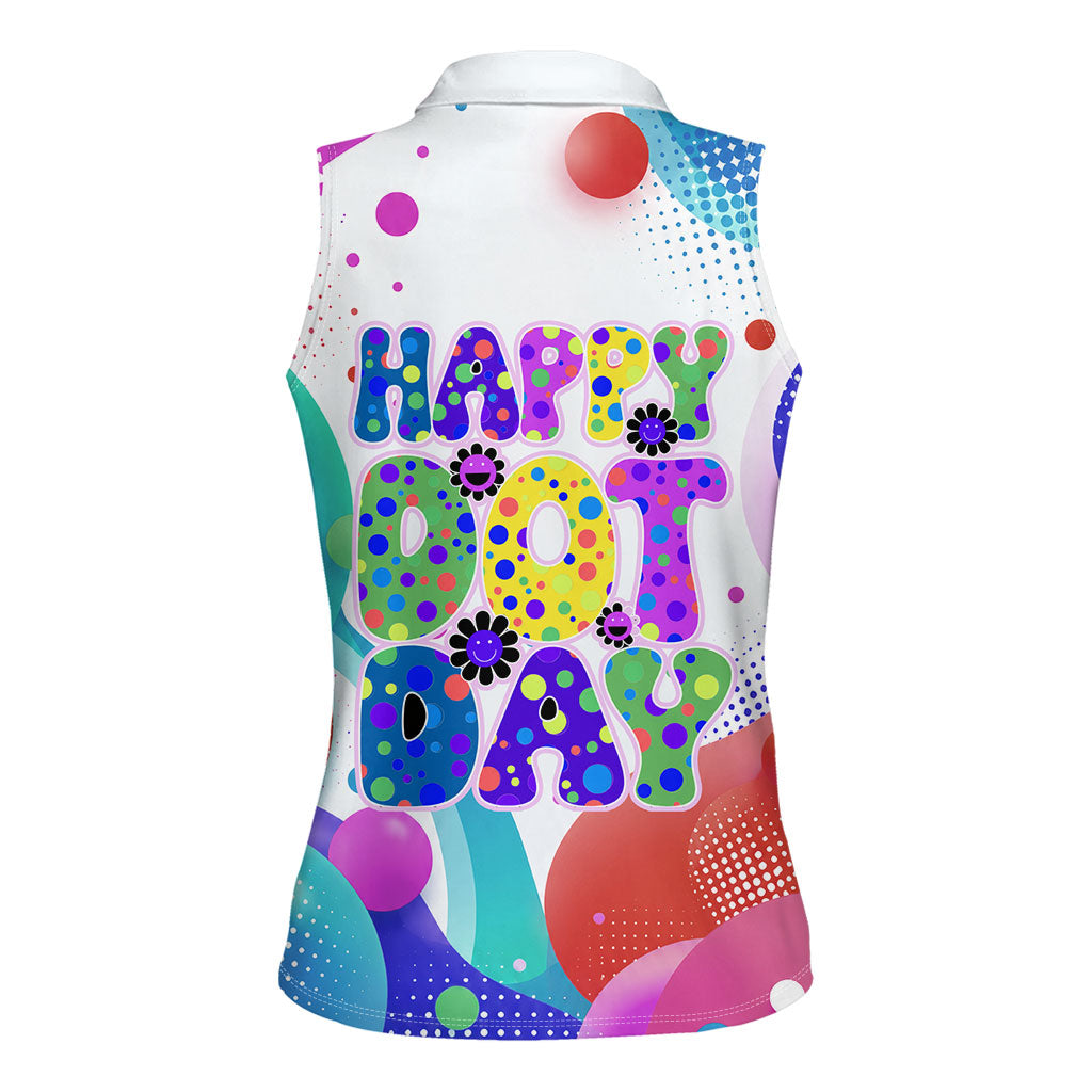 Happy Dot Day Women Sleeveless Polo Shirt Colorful Swirling Polka Dots and Whimsical Smiley Flowers