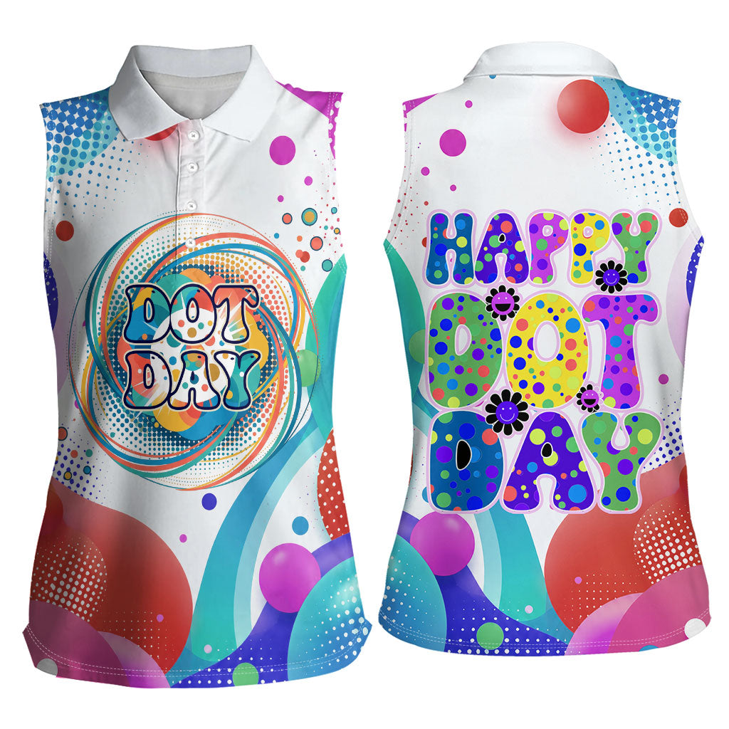 Happy Dot Day Women Sleeveless Polo Shirt Colorful Swirling Polka Dots and Whimsical Smiley Flowers
