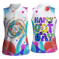 Happy Dot Day Women Sleeveless Polo Shirt Colorful Swirling Polka Dots and Whimsical Smiley Flowers