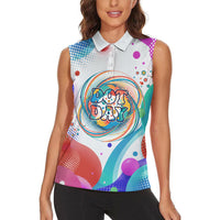 Happy Dot Day Women Sleeveless Polo Shirt Colorful Swirling Polka Dots and Whimsical Smiley Flowers