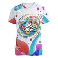 Happy Dot Day Women V-Neck T-Shirt Colorful Swirling Polka Dots and Whimsical Smiley Flowers