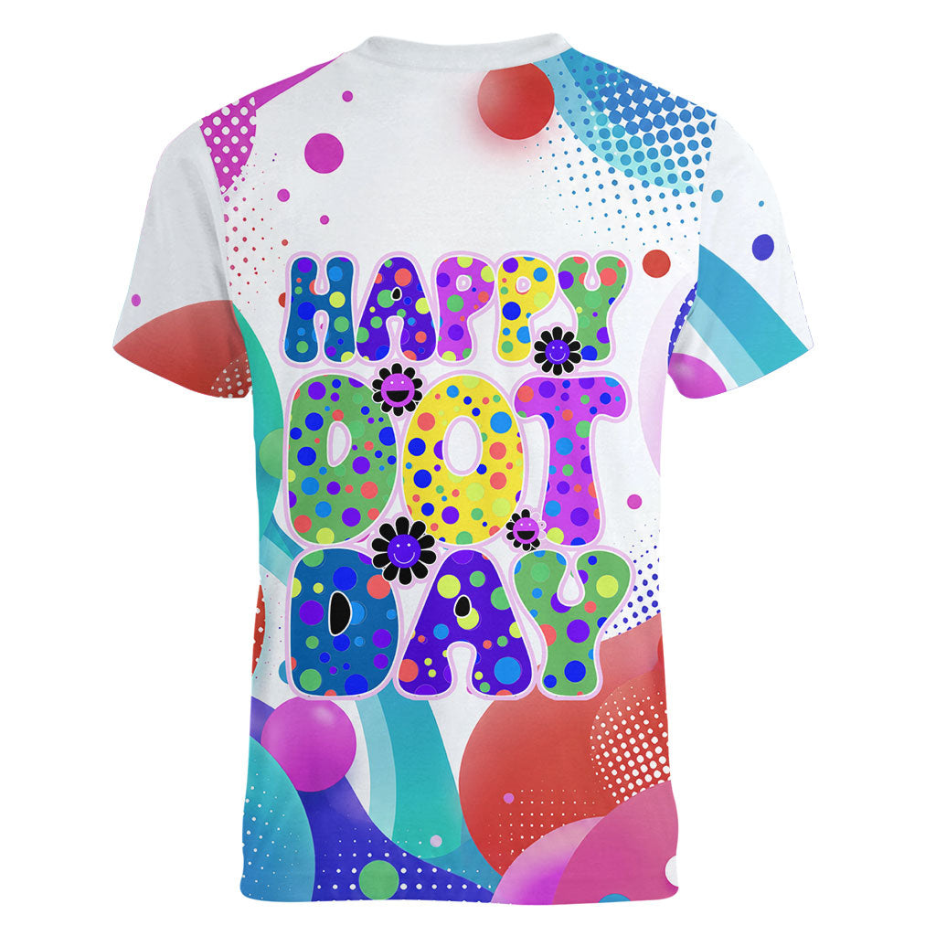 Happy Dot Day Women V-Neck T-Shirt Colorful Swirling Polka Dots and Whimsical Smiley Flowers