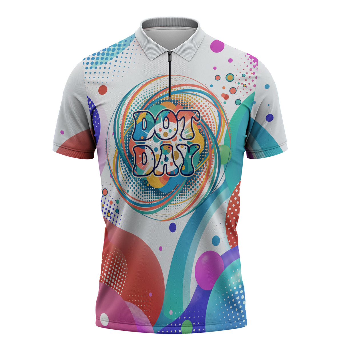 Happy Dot Day Zipper Polo Shirt Colorful Swirling Polka Dots and Whimsical Smiley Flowers