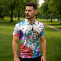 Happy Dot Day Zipper Polo Shirt Colorful Swirling Polka Dots and Whimsical Smiley Flowers