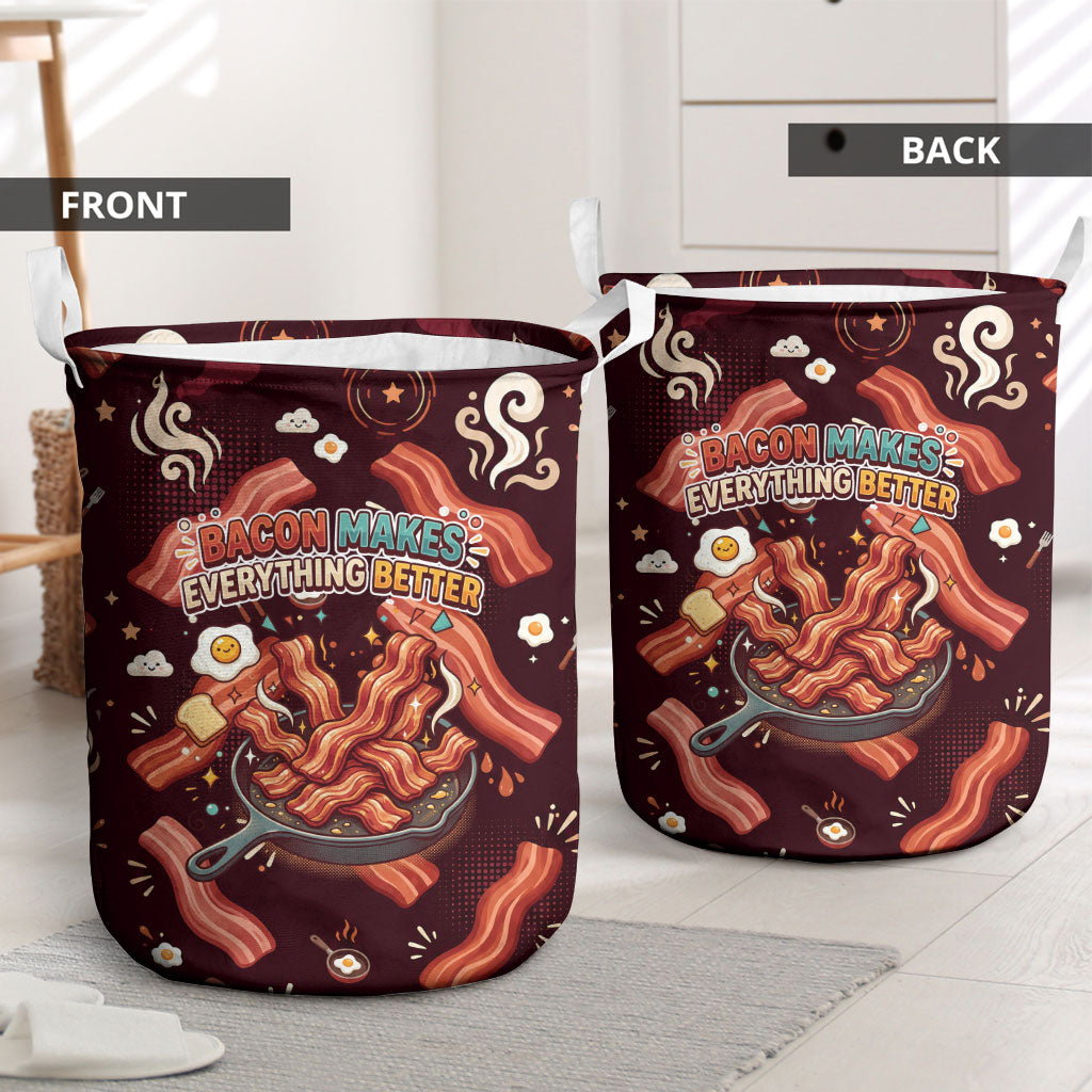 International Bacon Day Laundry Basket Retro Bacon Pattern With Sizzling Skillet Graphic