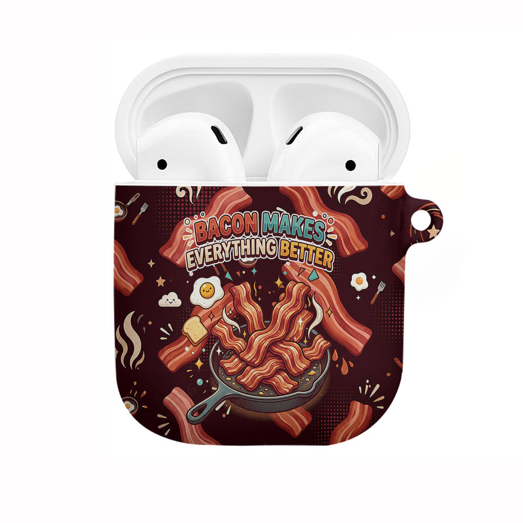 International Bacon Day AirPods Case Retro Bacon Pattern With Sizzling Skillet Graphic