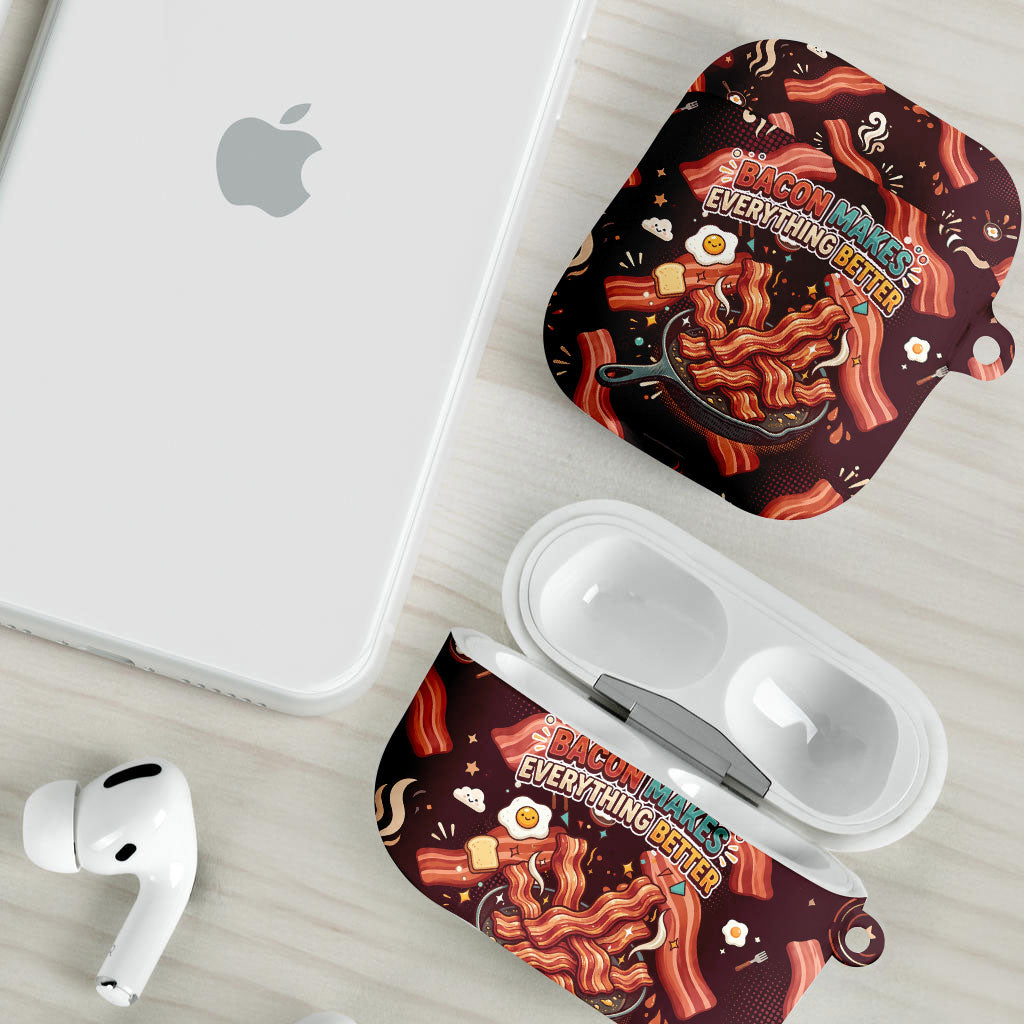 International Bacon Day AirPods Case Retro Bacon Pattern With Sizzling Skillet Graphic