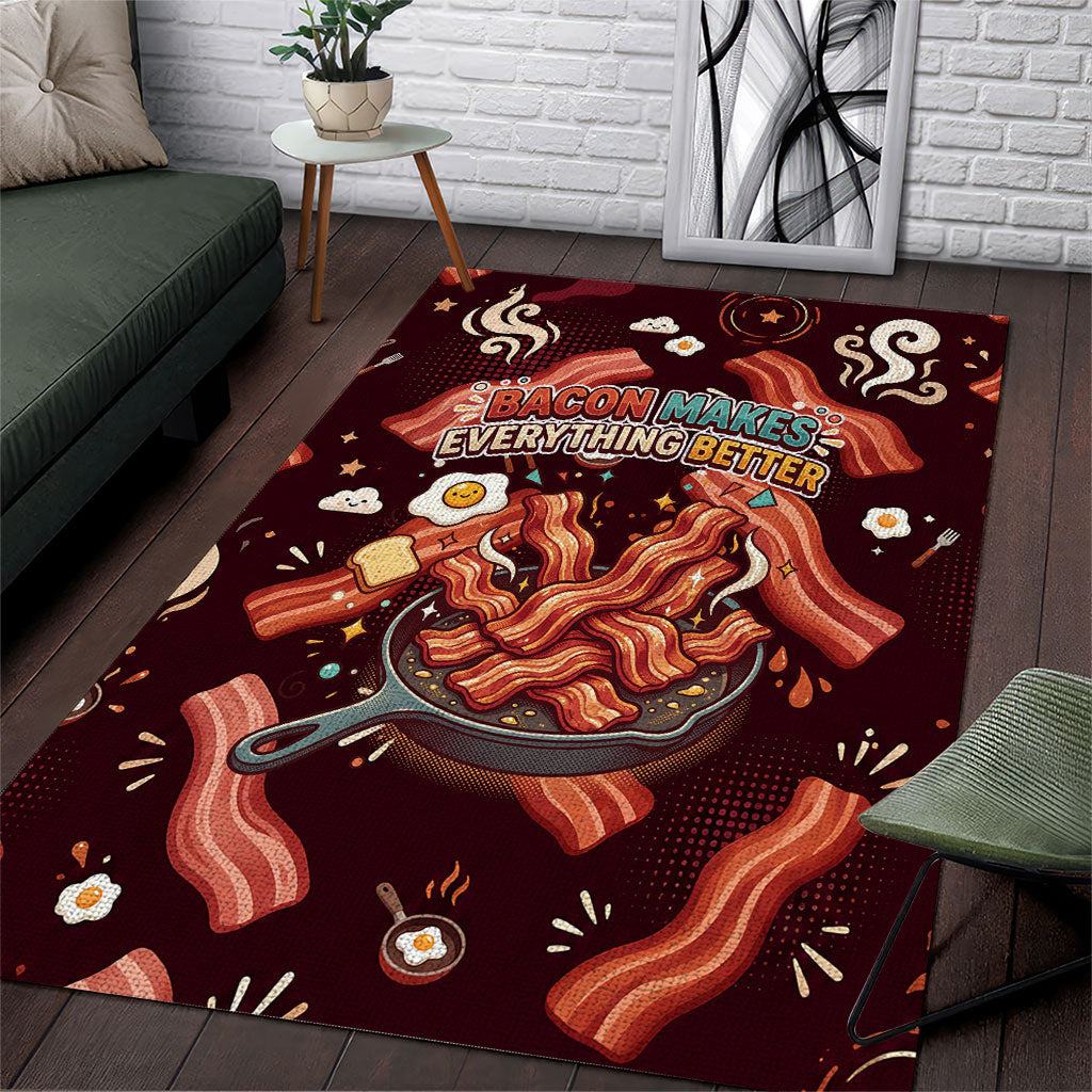 International Bacon Day Area Rug Retro Bacon Pattern With Sizzling Skillet Graphic