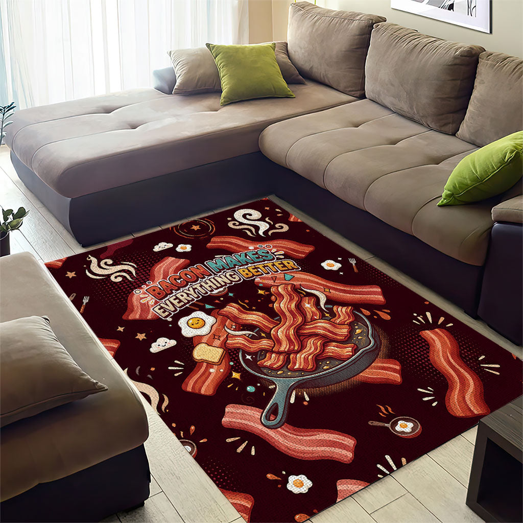 International Bacon Day Area Rug Retro Bacon Pattern With Sizzling Skillet Graphic