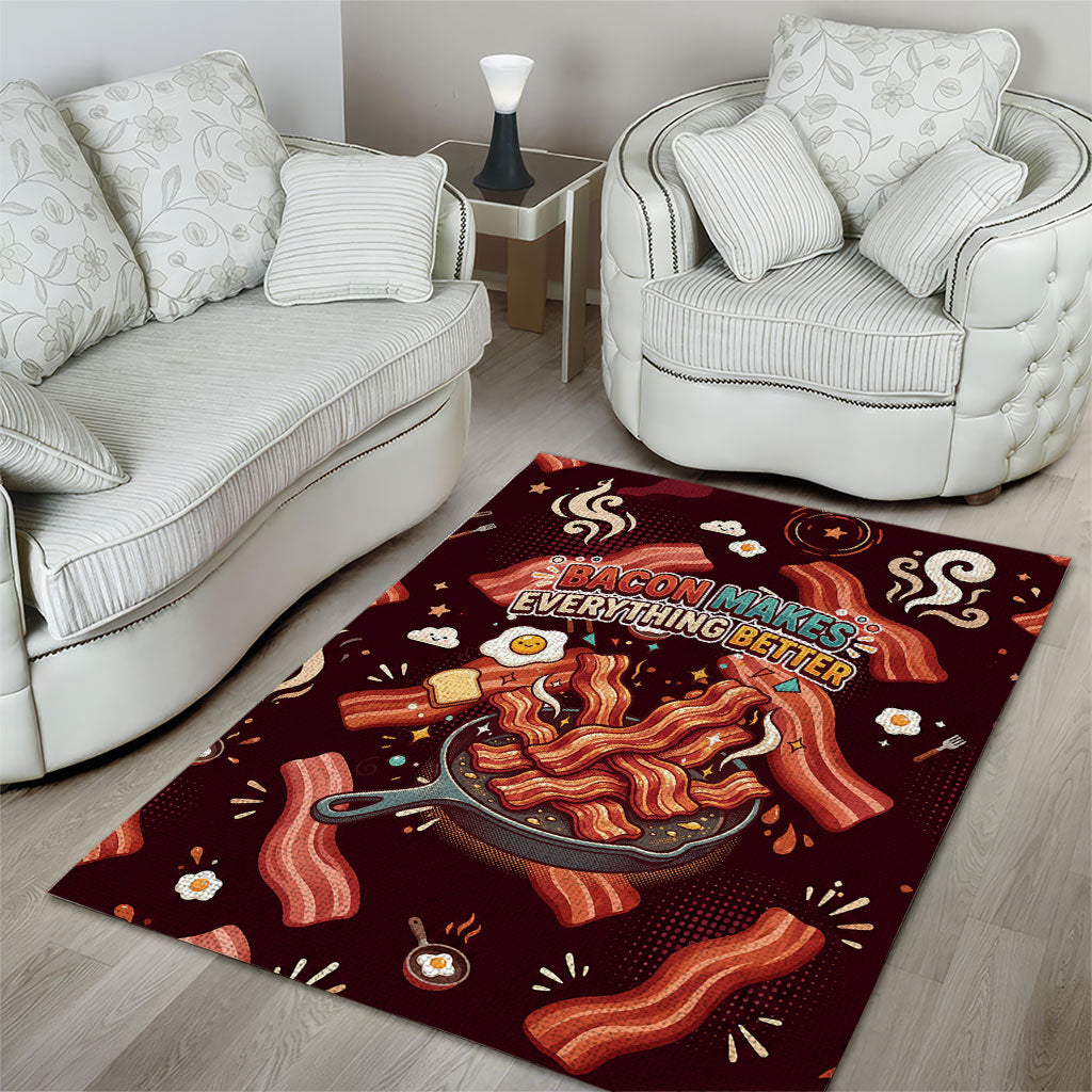 International Bacon Day Area Rug Retro Bacon Pattern With Sizzling Skillet Graphic