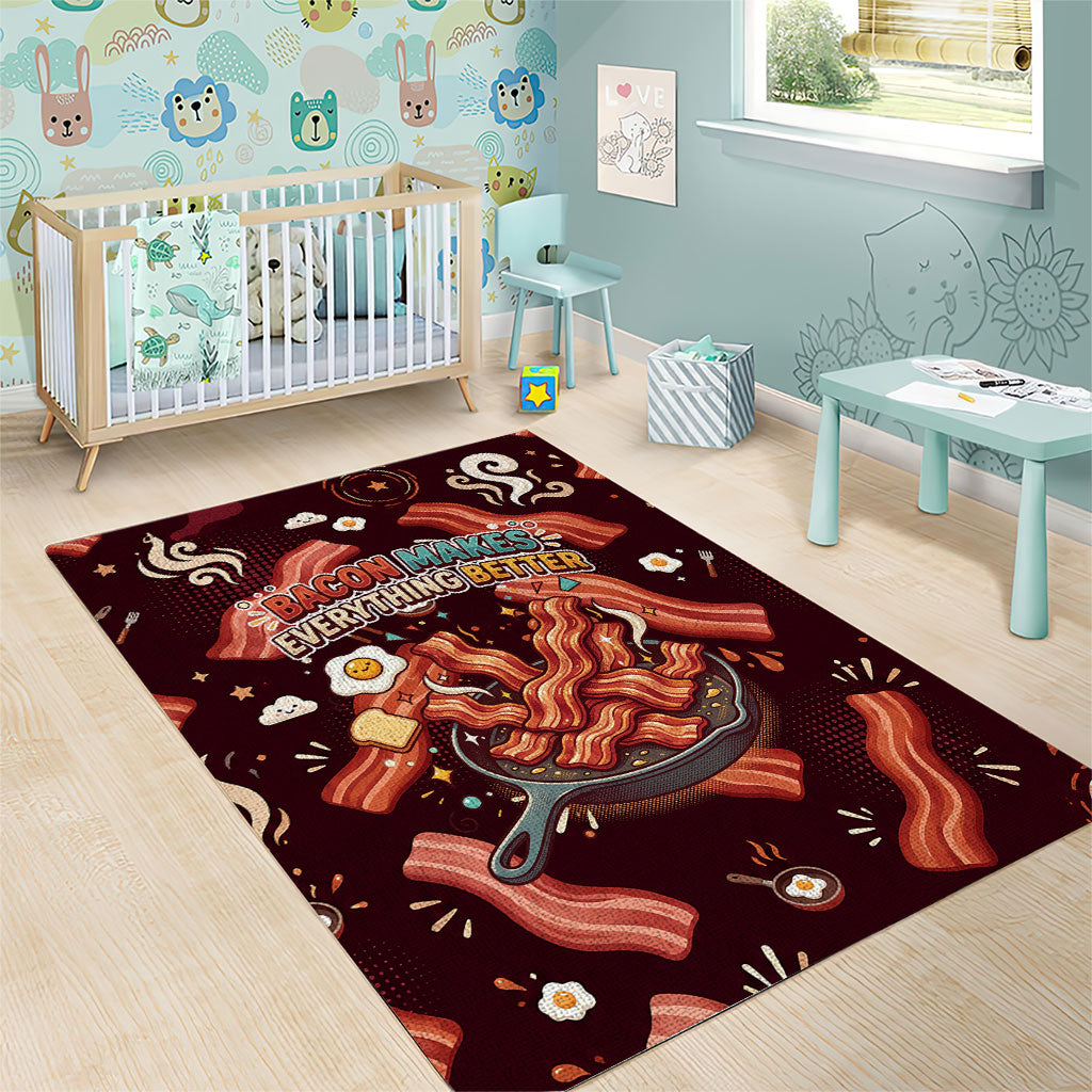 International Bacon Day Area Rug Retro Bacon Pattern With Sizzling Skillet Graphic