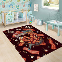 International Bacon Day Area Rug Retro Bacon Pattern With Sizzling Skillet Graphic