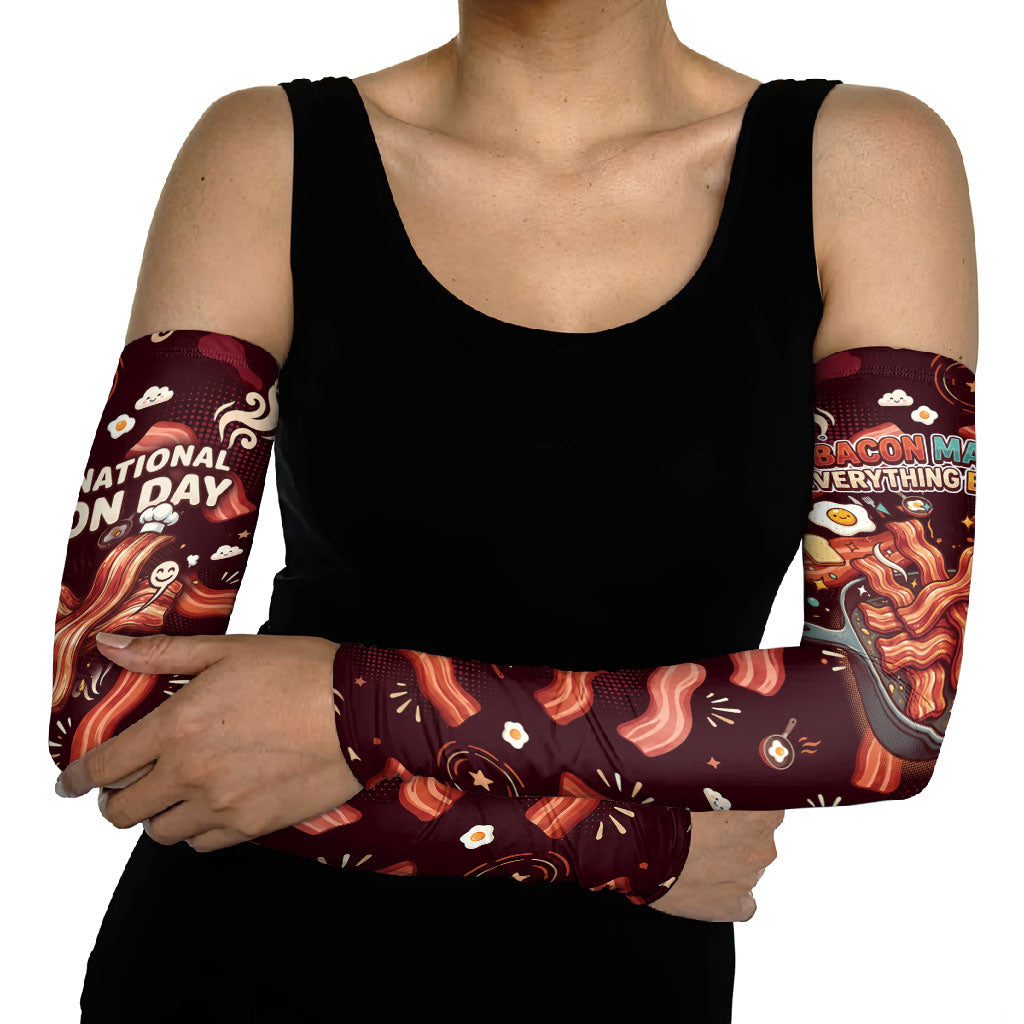 International Bacon Day Arm Sleeves Retro Bacon Pattern With Sizzling Skillet Graphic