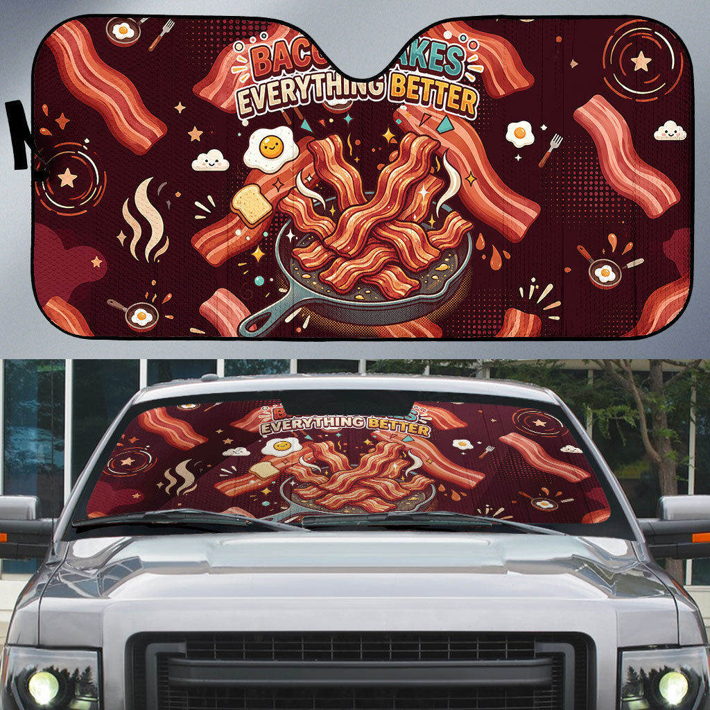 International Bacon Day Auto Sun Shade Retro Bacon Pattern With Sizzling Skillet Graphic