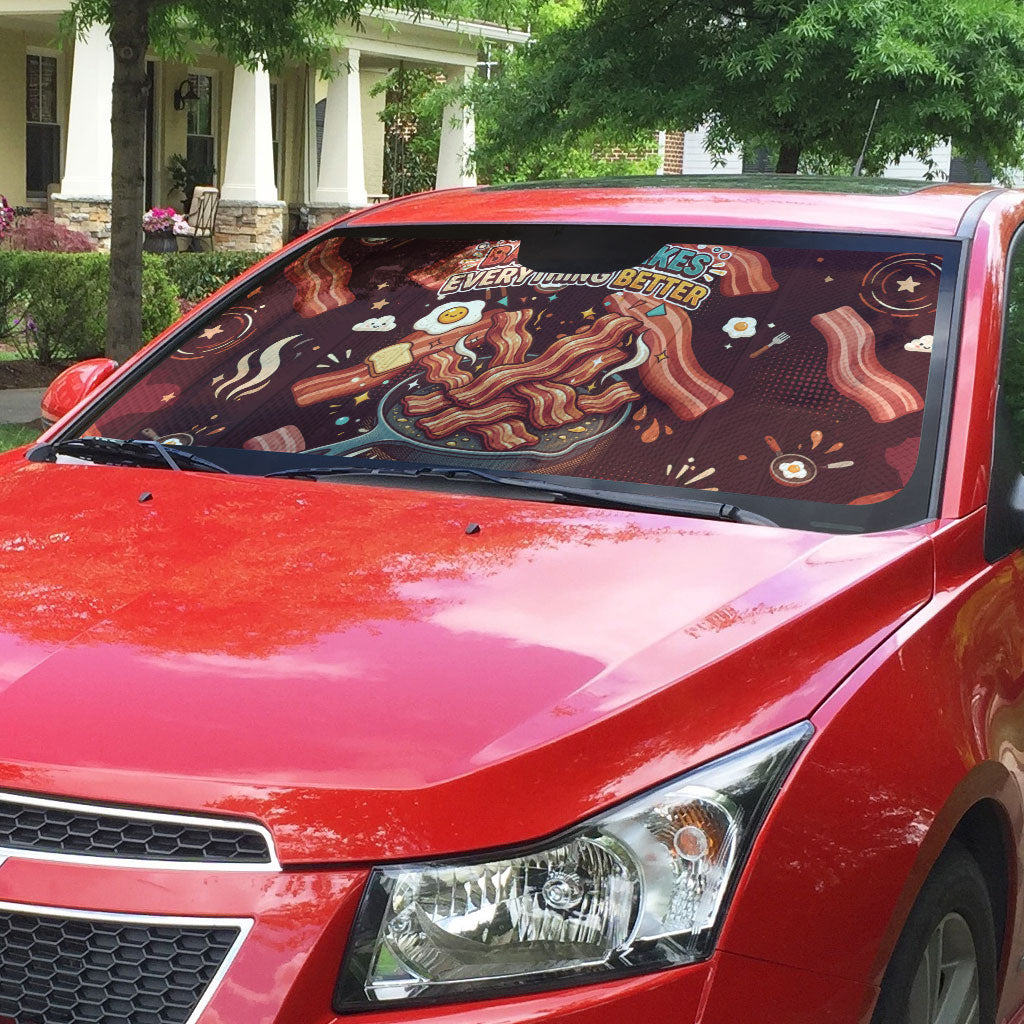 International Bacon Day Auto Sun Shade Retro Bacon Pattern With Sizzling Skillet Graphic