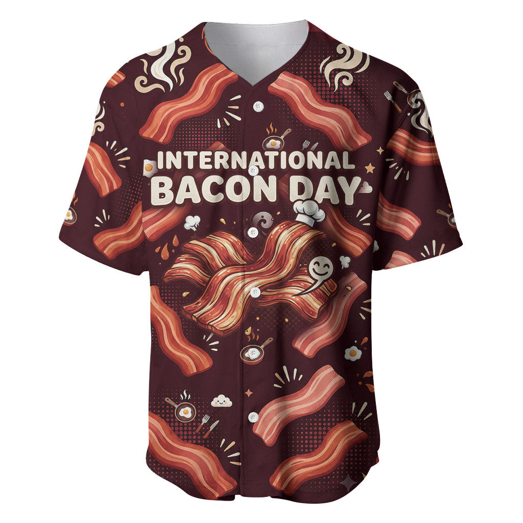 International Bacon Day Baseball Jersey Retro Bacon Pattern With Sizzling Skillet Graphic