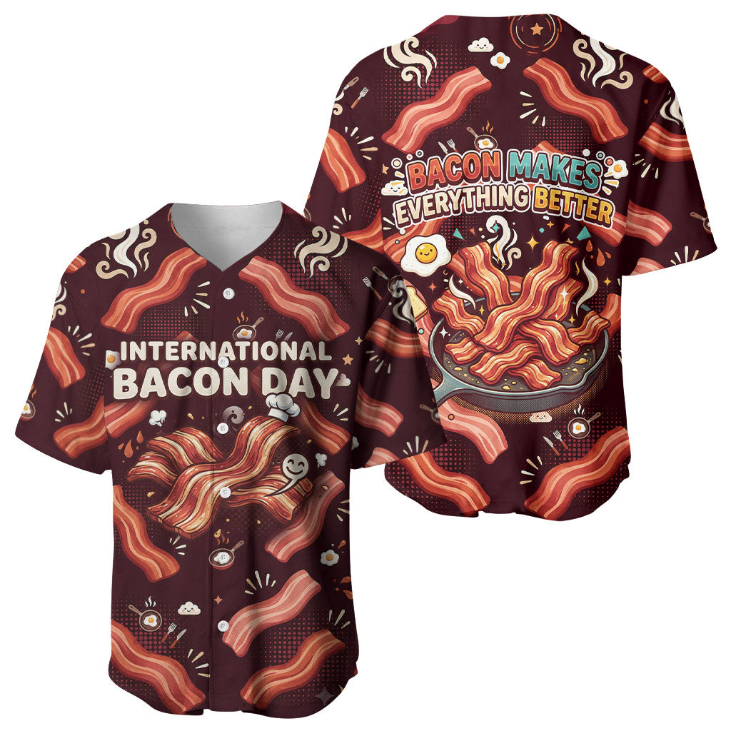 International Bacon Day Baseball Jersey Retro Bacon Pattern With Sizzling Skillet Graphic