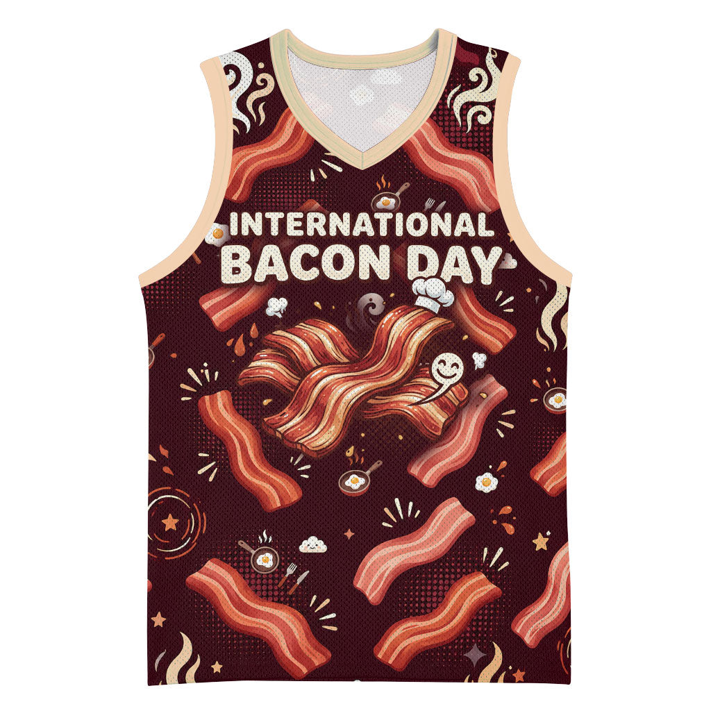 International Bacon Day Basketball Jersey Retro Bacon Pattern With Sizzling Skillet Graphic