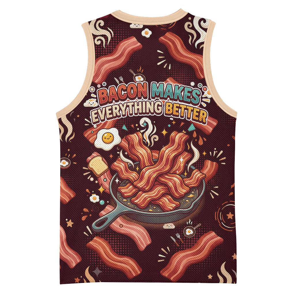 International Bacon Day Basketball Jersey Retro Bacon Pattern With Sizzling Skillet Graphic