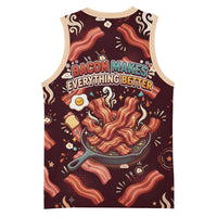 International Bacon Day Basketball Jersey Retro Bacon Pattern With Sizzling Skillet Graphic