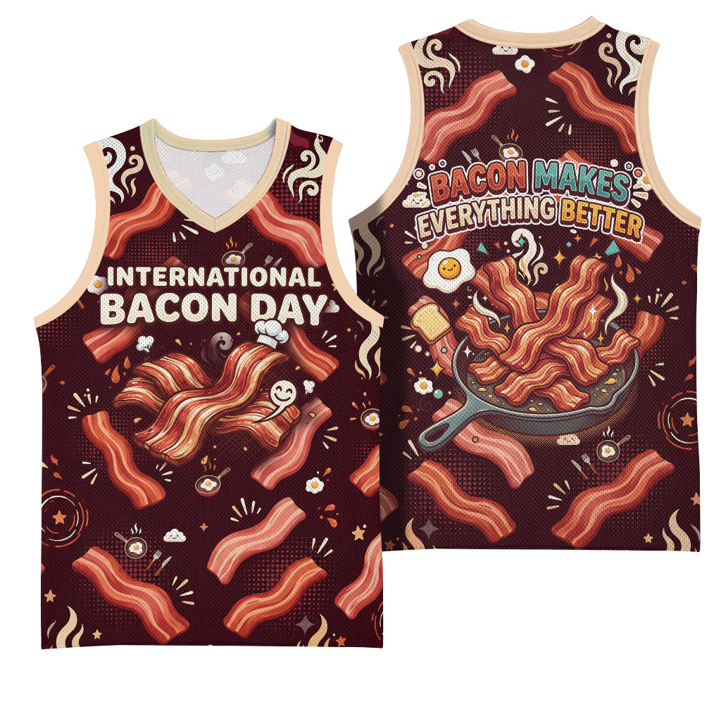 International Bacon Day Basketball Jersey Retro Bacon Pattern With Sizzling Skillet Graphic