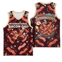 International Bacon Day Basketball Jersey Retro Bacon Pattern With Sizzling Skillet Graphic