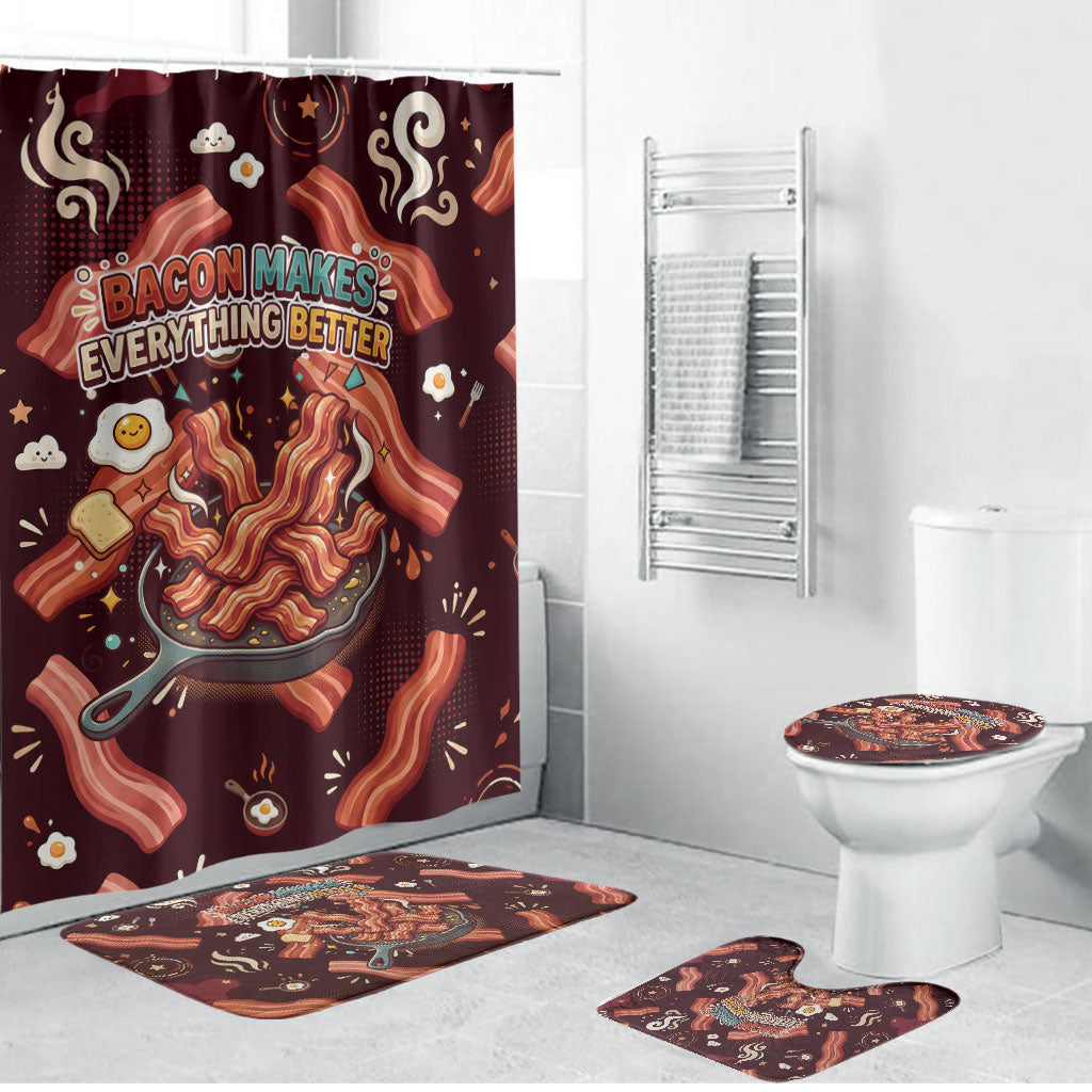 International Bacon Day Bathroom Set Retro Bacon Pattern With Sizzling Skillet Graphic