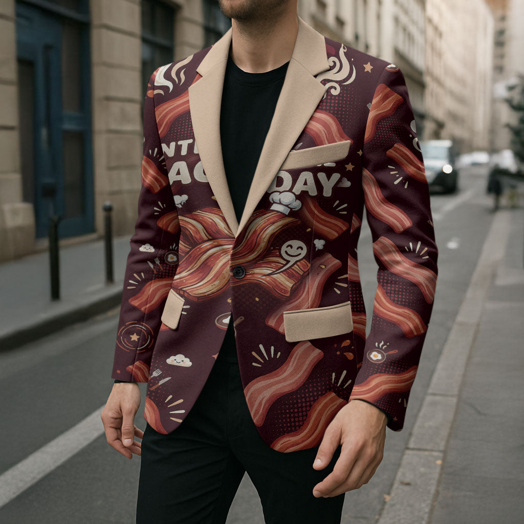International Bacon Day Blazer Retro Bacon Pattern With Sizzling Skillet Graphic