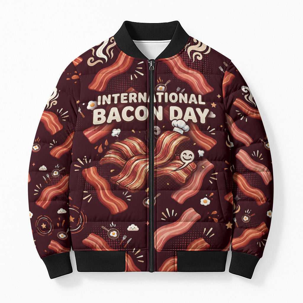 International Bacon Day Bomber Puffer Jacket Retro Bacon Pattern With Sizzling Skillet Graphic
