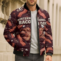 International Bacon Day Bomber Puffer Jacket Retro Bacon Pattern With Sizzling Skillet Graphic