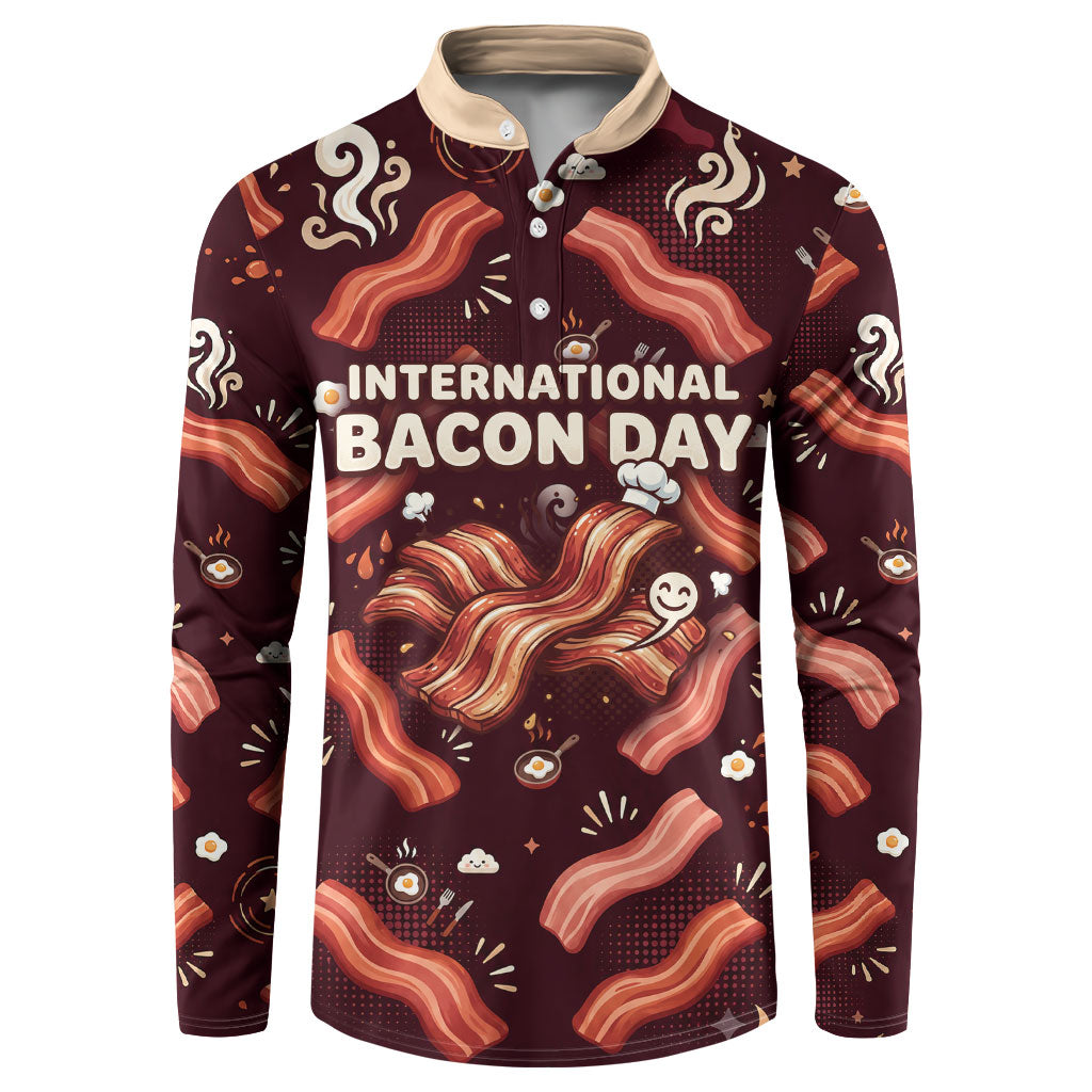 International Bacon Day Button Sweatshirt Retro Bacon Pattern With Sizzling Skillet Graphic