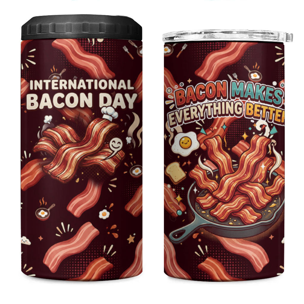 International Bacon Day 4 in 1 Can Cooler Tumbler Retro Bacon Pattern With Sizzling Skillet Graphic