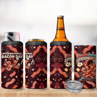 International Bacon Day 4 in 1 Can Cooler Tumbler Retro Bacon Pattern With Sizzling Skillet Graphic