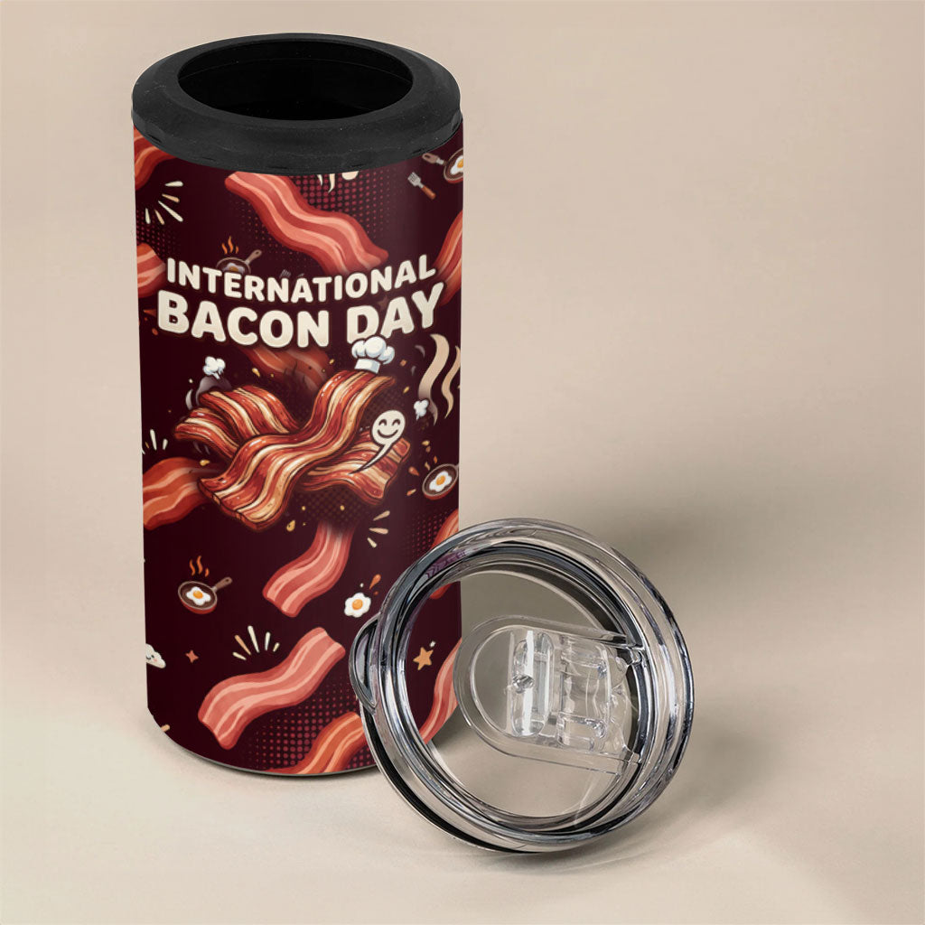 International Bacon Day 4 in 1 Can Cooler Tumbler Retro Bacon Pattern With Sizzling Skillet Graphic