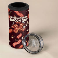 International Bacon Day 4 in 1 Can Cooler Tumbler Retro Bacon Pattern With Sizzling Skillet Graphic
