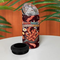 International Bacon Day 4 in 1 Can Cooler Tumbler Retro Bacon Pattern With Sizzling Skillet Graphic