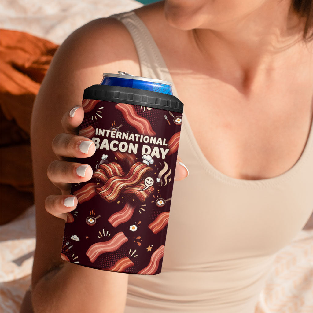 International Bacon Day 4 in 1 Can Cooler Tumbler Retro Bacon Pattern With Sizzling Skillet Graphic